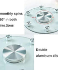 Clear Tempered Glass Lazy Susan Turntable with silent bearings, 360° rotation, and double aluminum alloy center.
