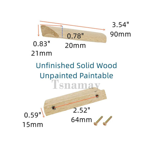 Diagram of Unfinished Beech Wood Furniture Pulls Set of 10 with dimensions and two-hole design, highlighting the paintable surface.