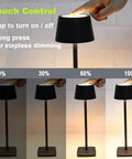 Cordless Table Lamp With 6000mAh Battery IP54 Waterproof All Aluminum Body Touch Dimming Warm Light For Indoors Or Outdoors In Homes Restaurants Buffets Bars Cafes Black demonstrating touch control and dimming settings