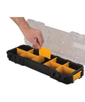 Hand adjusting divider in 10 Compartment Pro Organizer With Removable Dividers, Durable Polycarbonate Lid, Side Latches For Stackable Storage