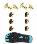 Copper grounding rivets for barefoot shoes, gold-tone, 24 pcs for 3 pairs, shown above a black-and-blue sole barefoot shoe.