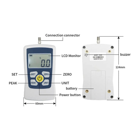 Hella Precise Digital Push And Pull Gauge Slick Force Tester Meter With Tight Five Newton Accuracy showing LCD monitor and buttons.