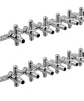 Heavy Duty Six Way Inline Manifold Air Flow Control Valve With Slick Lever Adjustment For Aquarium Tanks And Fish Bowl Aeration Systems Hella Reliable Copper Nickel Tubing Splitter Two Pack, silver finish.