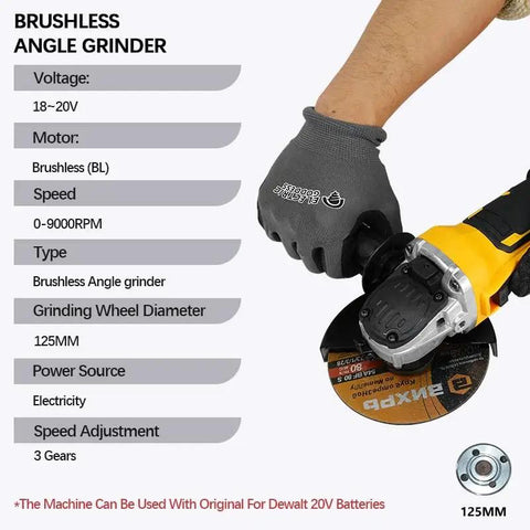 125mm Brushless Angle Grinder Cordless Polishing Machine Heavy Duty Power Tool in use, showing speed and grinding wheel specifications.