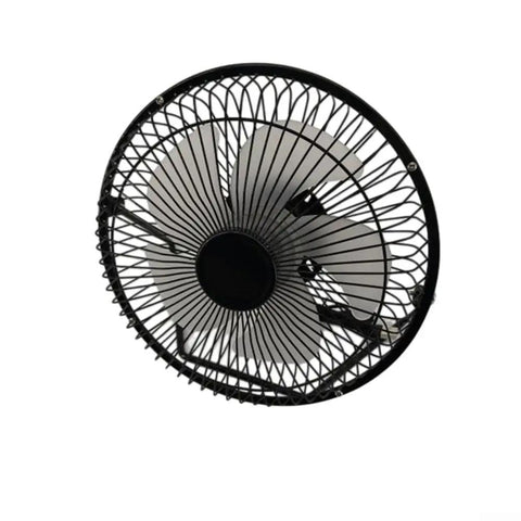 Close-up of Solar Powered Fan With USB Power Supply For Outdoor Camping RV Greenhouse Dog Kennel And Trailer 8 Inch Adjustable Table