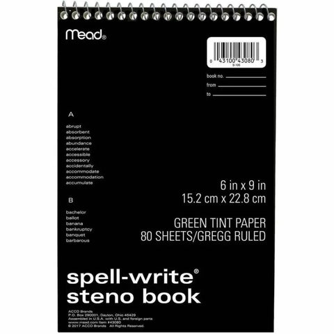 Handy Dandy Spell Write Steno Book With 500 Common Misspellings Printed Right On Cover, 6 x 9 inches, wire bound, green paper.