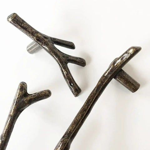 Hella Stylish Tree Twig Cabinet Knobs 6 Pack Bronze Zinc Alloy Drawer Pulls Solid Build For Mountain Cabin Kitchen Cupboard Single Hole Hardware With Screws close-up view showing textured twig design.