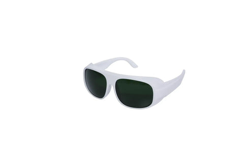 Kickass Laser Safety Glasses For Handheld Laser Welding And Fiber Lasers 900 To 1100Nm Od8 Plus Din4 Rating Heavy Duty Eye Shielding Goggles with white frame and dark lenses.
