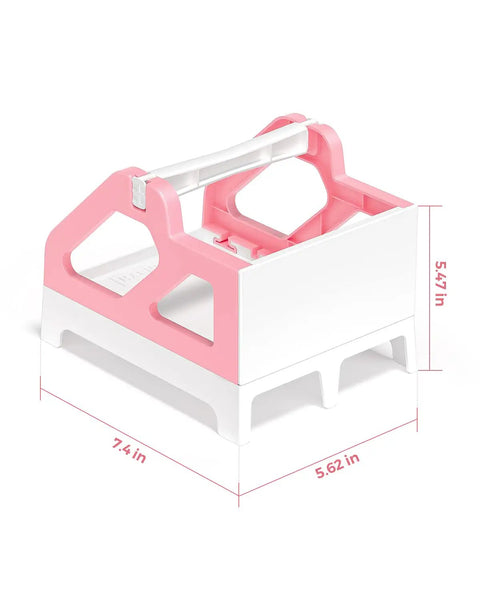Heavy Hitter Universal Thermal Shipping Label Holder And Fan Fold Roll Organizer No Sweat Paper Dispenser Stand Pink side view, measures 7.4 x 5.62 x 5.47 inches.