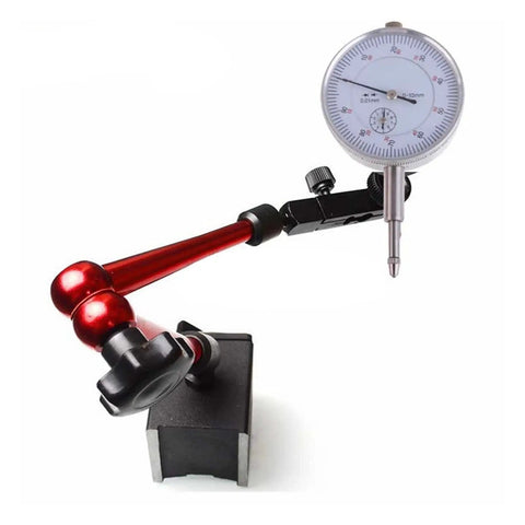 Workshop Grade Precision Dial Indicator With Magnetic Base Stand For Metalworking And Calibration Analog Vertical Display With One Hundredth Millimeter Resolution Zero To One Millimeter Range Eight Tenths Millimeter Indicator Great For Equipment Setup. Dial indicator with magnetic base, red articulating arm, for metalworking setup.