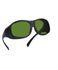 Top Shelf 800 To 1100Nm Laser Safety Goggles Built Damn Tough For Diode And Nd Yag Jobs with green lenses and black frame.