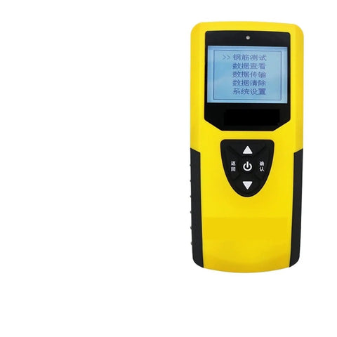 Straight Up Solid Wall Scanner And Rebar Detector For Accurate Concrete Cover Thickness Measurement With Multi Coil Precision and Heavy Duty Scanning Depth. Handheld yellow device with display screen.