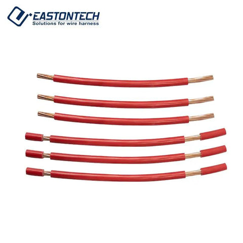 Automatic Wire Cut And Strip Machine Boasting Dead Simple Controls And Zero Drama Mechanics For Smooth Precision Work, showing red wire with copper ends.