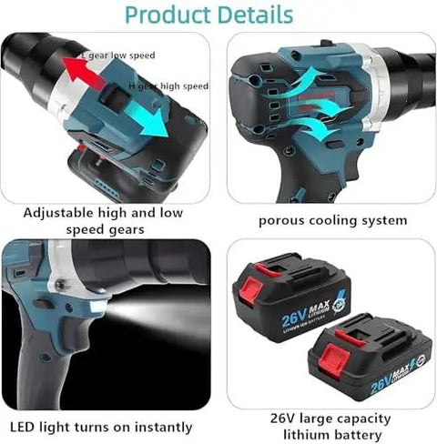 Product details of Badass 2 In 1 Cordless Rivet Nut Gun With Beast Mode 26V 5200mAh Battery, adjustable speeds and cooling system.