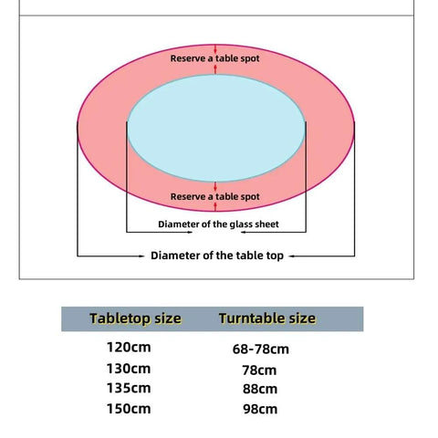 Dimensions guide for Top Tier Tempered Glass Lazy Susan Rotating Kitchen Turntable with tabletop and turntable sizes.