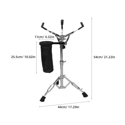 Pro Level Adjustable Snare Drum Stand With Heavy Duty Double Braced Tripod Base For 10 To 14 Inch Pads, side view with dimensions.