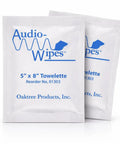 Packets of Audio Wipes by Oaktree Products, labeled as 5" x 8" towelettes, safe for electronics.