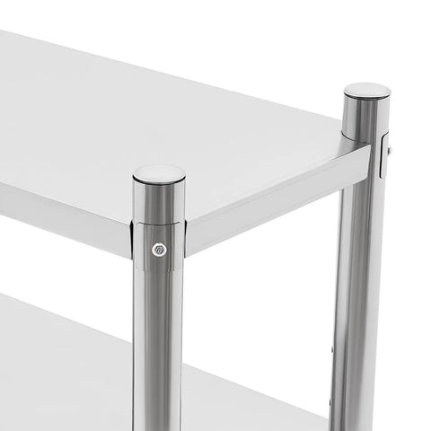 Close-up of Heavy Duty Two Tier Stainless Steel Storage Rack And Adjustable Standing Shelf Unit Built Tough No Sweat Organization for Kitchen.