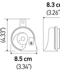 Get That Loud Two Tone Blast With This Twin Trumpet 12V Horn Kit Featuring A Sturdy Red Bracket dimensions illustration