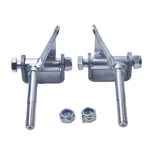 Go Kart Steering Spindle Bracket Set Heavy Duty Five Eighth Inch Axle And Four And A Half Inch Long Brake And Throttle Pedal Kit Fits Predator 212cc 196cc 301cc 420cc Yerf Dog Manco Azusa Go Kart Parts Silver showing two metal brackets with bolts.
