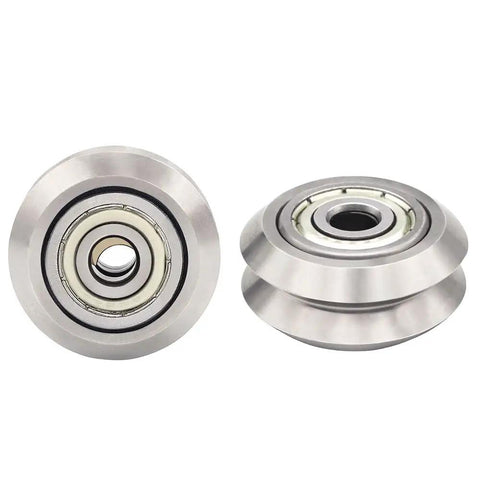 Tuned Up Stainless Steel V Slot Pulleys Featuring Precision 625ZZ Bearings, two close-up views highlighting smooth design.