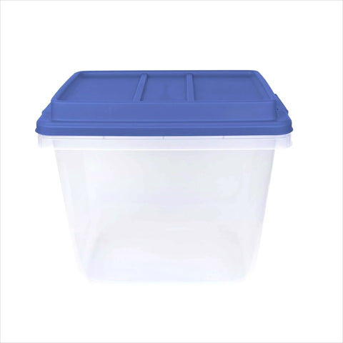 Kick Ass 32 Quart Clear Plastic Stackable Storage Bins With Blue Latching Lids front view showing clear body and blue lid.