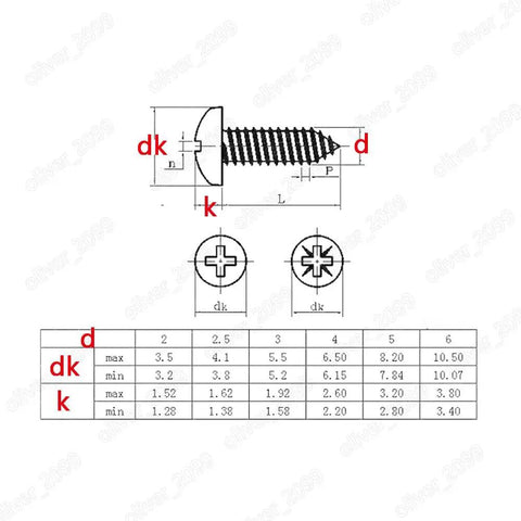 Technical drawing of Rock Solid Titanium Gr2 Phillips Pan Head Self Tapping Screws M3 M4 M5 M6 with size specifications.