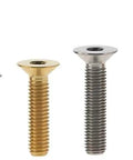 Top Notch Five Piece M6 Titanium Hex Socket Flat Countersunk Screw Set 25mm Long in various finishes.