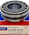 Tough As Nails 22205 E C3 Spherical Roller Bearing 25X52X18 mm shown with SKF branding and box for heavy industrial use.