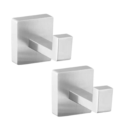 Solid Double Hook Wall Mount For Small Bathrooms Sleek Silver Finish Space Saving Towel Rack With Heavy Duty Grip Easy Wipe Design That Totally Flips Your Messy Vibe Today. Two silver hooks mounted on wall.