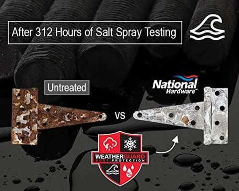 Comparison of untreated vs zinc plated T hinge after salt spray test, showcasing 6 Inch Zinc Plated Extra Heavy T Hinge with Weatherguard Protection.