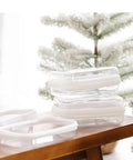 Top Shelf Hard Sided Clear Zipper Boxes For Quick Storage And Road Trips, Nail The Mess With BPA Free Plastic Pencil Case And Toiletry Bag, Hella Durable Two Piece XS Bundle stacked on a table with a Christmas tree in background.