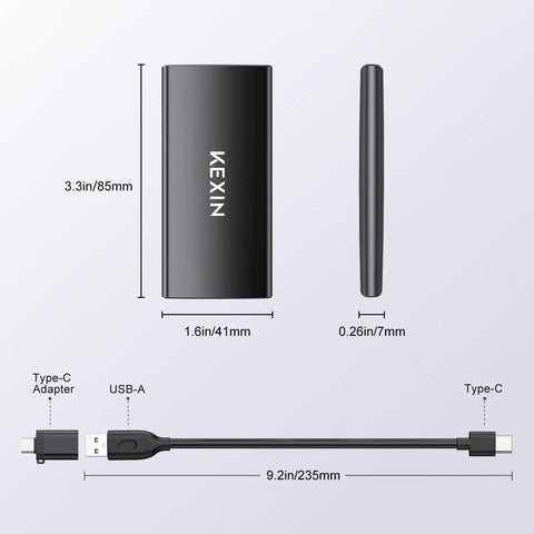Dimensions of 256GB USB 3.1 Type C External SSD Drive Portable Solid State Storage Up To 500MB Per Second For PC Mac Android
