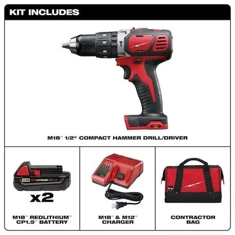 Rock Solid One Half Inch Cordless Compact Hammer Drill Driver Kit Featuring All Metal Gear Case And Rugged Chuck For Tight Quarters With Knockout Performance And Built Like A Tank Durability on display with accessories.