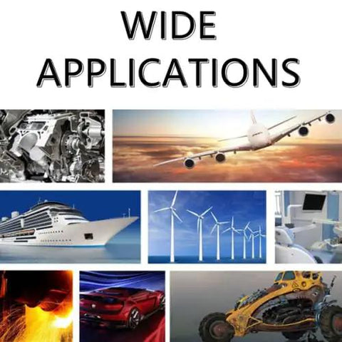 Wide Applications image showcasing diverse industries like aviation, automotive, marine, wind energy, and healthcare.