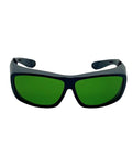 Front view of Top Shelf Dental Laser Safety Glasses Featuring Low Green Tint And Heavy Duty High Od Shielding Ultra Lightweight Protective Gear.