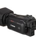HF G70 4K Camcorder with 20x Optical Zoom and Dual SD Slots, black, side view showing buttons and lens hood.