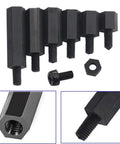 Solid M3 Nylon Standoff And Hex Spacer Assortment Kit Loaded With Matching Screws And Nuts For Fpv Racing Drone Frames PCB Electronics Project Gear Build Out 180 Pieces, black hex standoffs and screws.