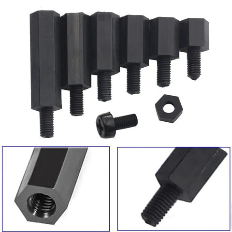 Solid M3 Nylon Standoff And Hex Spacer Assortment Kit Loaded With Matching Screws And Nuts For Fpv Racing Drone Frames PCB Electronics Project Gear Build Out 180 Pieces, black hex standoffs and screws.