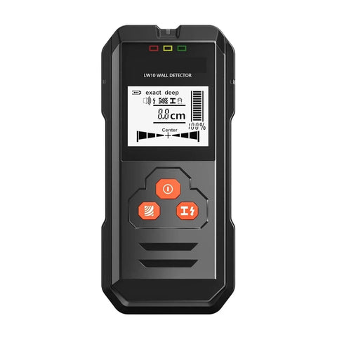 Rock Solid Black Metal Detector And Stud Finder With Hd Backlit Lcd Screen shows clear digital readouts for accurate depth tracking.