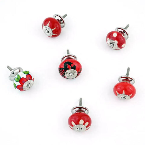 Dope Red Ceramic Drawer Knobs Set Of 10 Handcrafted Cabinet Handles with floral designs, 1.5 inch wide, ideal for furniture updates.