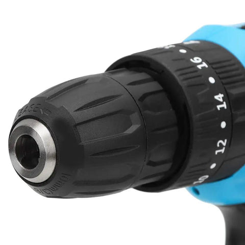 Close-up of Rock Solid 25V Cordless Drill Driver chuck showing robust design for secure bit grip and usage.