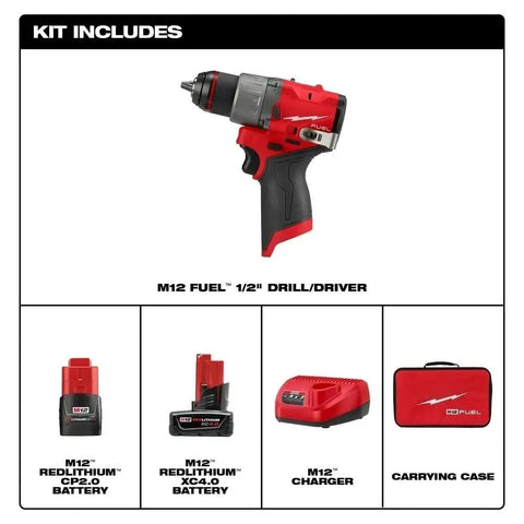 Built Tough Compact 1/2 Inch Cordless Drill Driver Kit including drill, batteries, charger, and carrying case.