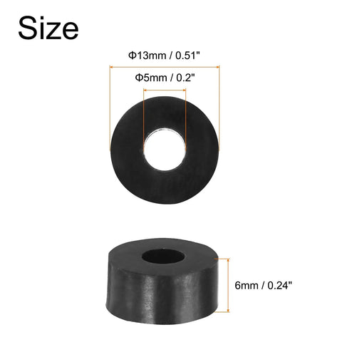 Heavy Duty Rubber Spacers 48 Pack 13mm OD 5mm ID 6mm Thick Anti Vibration Damping Pads showing size details and dimensions.