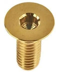 Pro Grade Kickass Titanium Bolt Set Five Piece M6 X 25 mm Flat Countersunk Head Allen Key Rainbow Coated Heavy Duty Kit showing five gold titanium bolts.