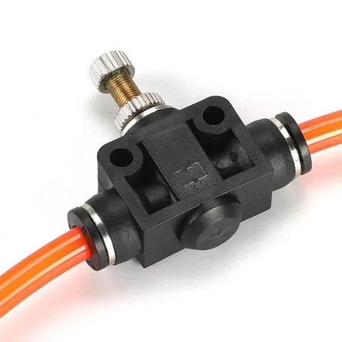 Close-up of Five Pack One Quarter Inch Pneumatic Air Flow Control Valve Set With Union Straight In Line Speed Controller Fittings