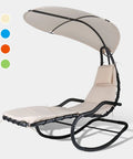 Outdoor Hammock Rocking Chaise Lounge Chair With Stand And Canopy Cozy Soft Cushion And Removable Headrest Recliner Swing Beige