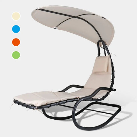 Outdoor Hammock Rocking Chaise Lounge Chair With Stand And Canopy Cozy Soft Cushion And Removable Headrest Recliner Swing Beige