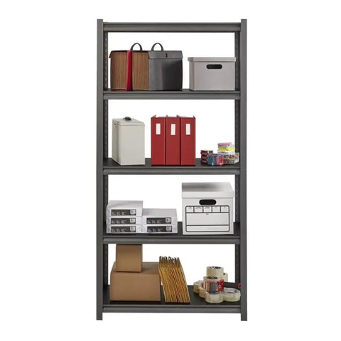 Bulletproof 3200 Lb Riveted Metal Shelving Unit 72 X 36 X 18 Inches filled with storage boxes and supplies, gunmetal gray finish.