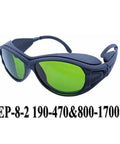 Kickass Wide Spectrum Laser Safety Glasses Offering Hella Tough OD5 Protection And Industrial Pc Lens Build For Complete 190 Nm To 1700 Nm Eye Coverage, side view with green lenses.